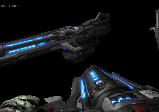 W przypadku tej broni chcieliśmy zachować ciężki industrialny styl karabinu maszynowego z roku 2016, a jednocześnie rozszerzyć ją o przesadzone elementy science fiction. Udało mi się to osiągnąć, dołączając bardziej organiczne kształty i rozbłyski energetyczne wokół lufy i taśmy z amunicją. Chciałem, aby ta broń podczas ostrzału rozświetlała się jak choinka bożonarodzeniowa. - Bryan Flynn